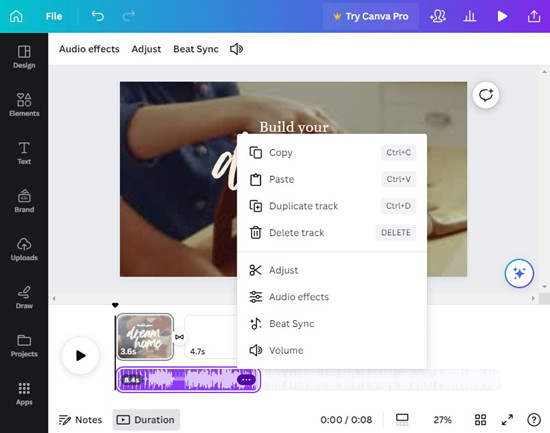 canva design adjust added audio