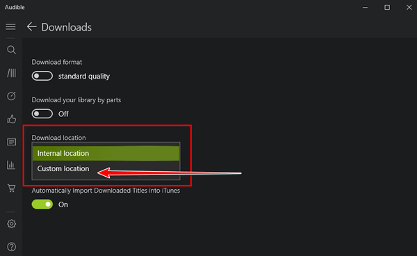 change audible downloads location on windows app