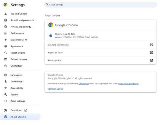 chrome about chrome check for updates