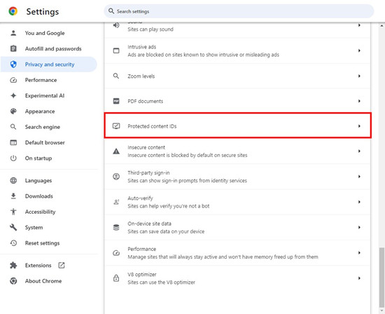 chrome settings protected content ids