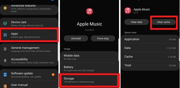 clear apple music cache on android