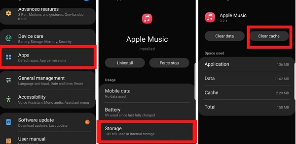 clear apple music cache on android