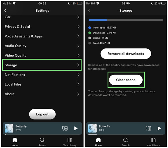 clear cache spotify settings ios