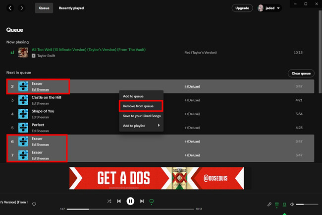 remove repeated songs from queue