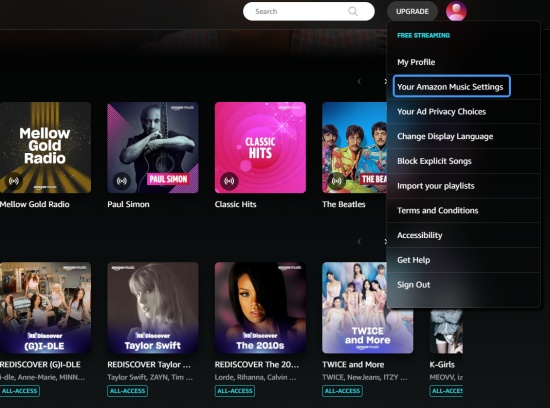 click amazon music settings