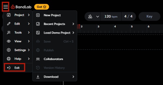 click exit icon on bandlab