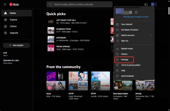 click seeting in youtube music
