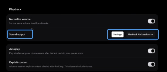 click settings next to output device tidal