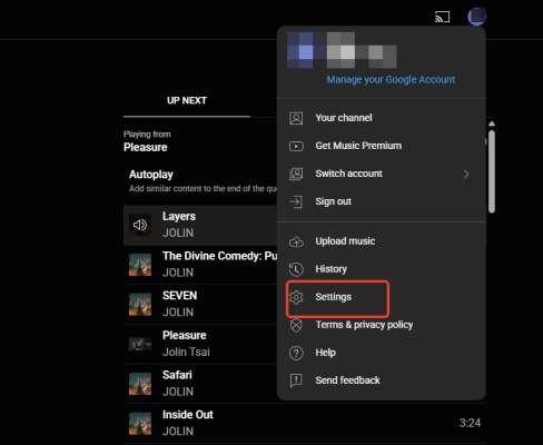 click settings on youtube music pc