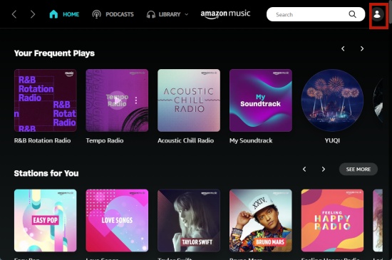 click your amazon music profile on pc