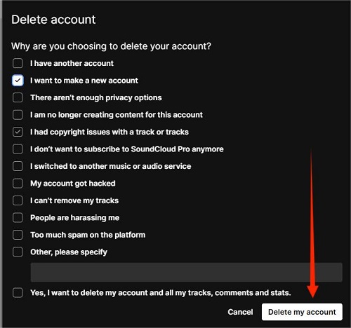 confirm delete my account on soundcloud