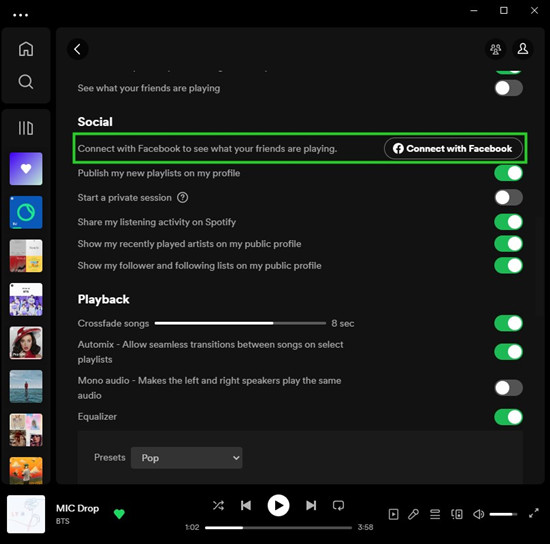 connect with Facebook in social settings in Spotify