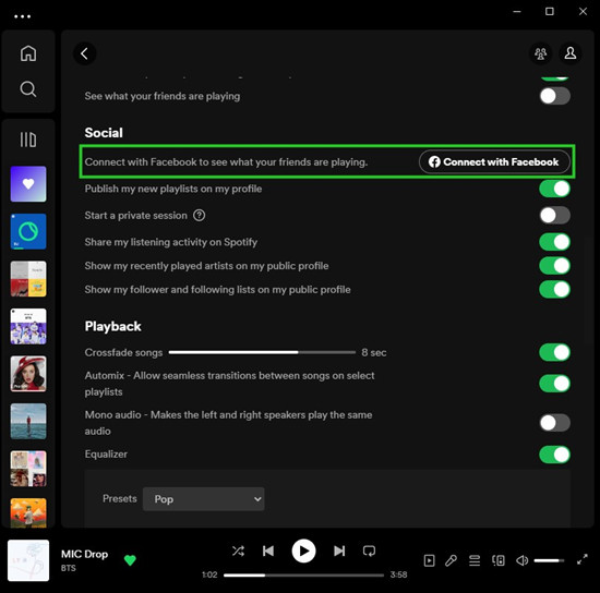 connect facebook social settings spotify