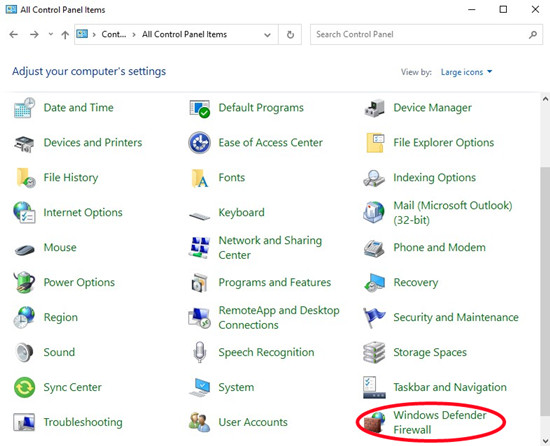 control panel windows defender firewall