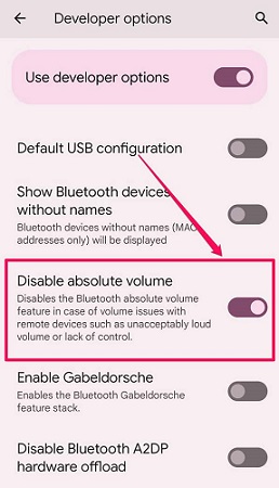 disable absolute volume on android