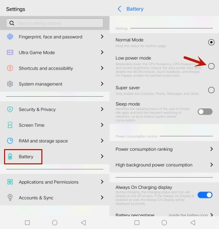disable low power mode on android