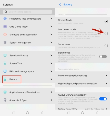 disable low power mode on android
