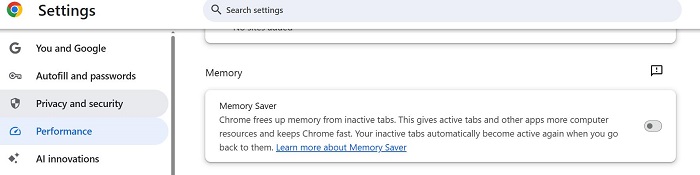 disable memory saver on chrome browser