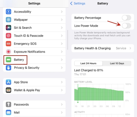 disable the low power mode on ios