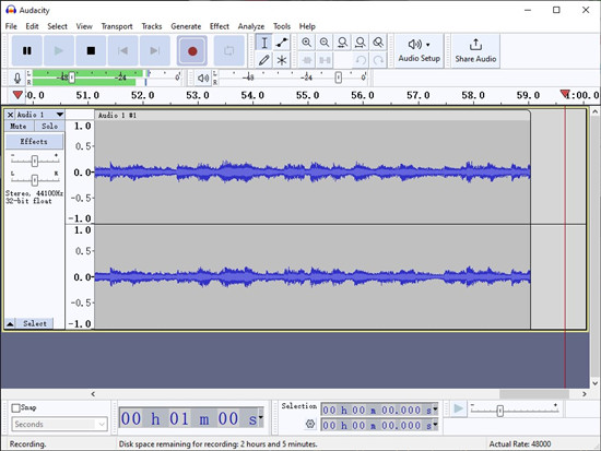 disk space remaining for recording for audacity
