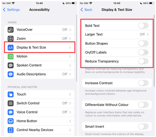 display text size settings ios