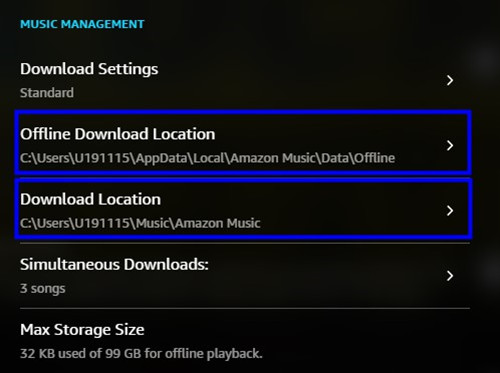 download location setting amazon music