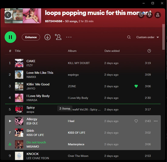 multi-select items to change order of songs on Spotify Playlists
