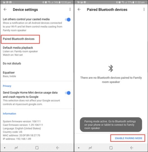 enable bluetooth on google home