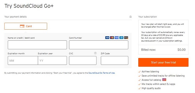 enter payment information for soundcloud trial