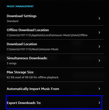 export downloads to in Amazon Music