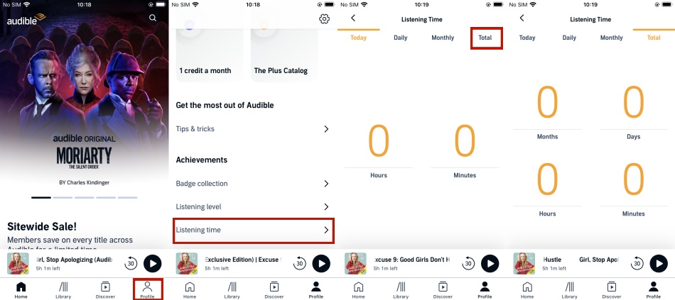 find audible total listening time