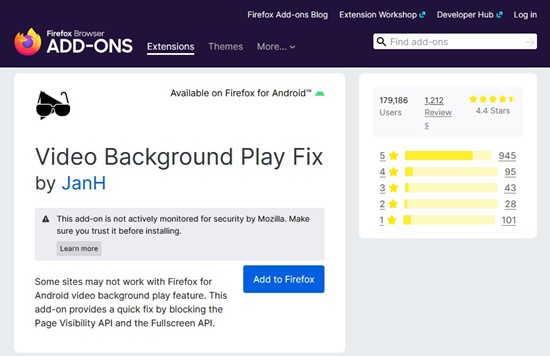 firefox add ons video background play fix