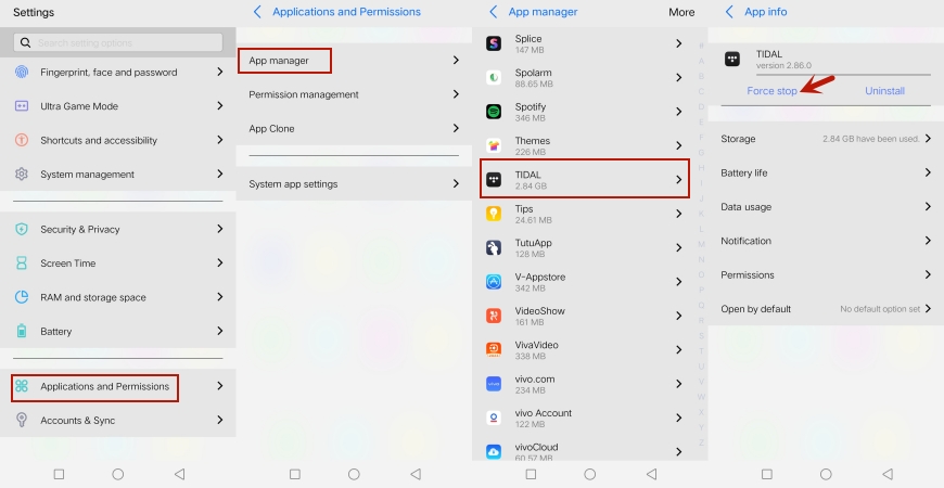 force stop tidal on android