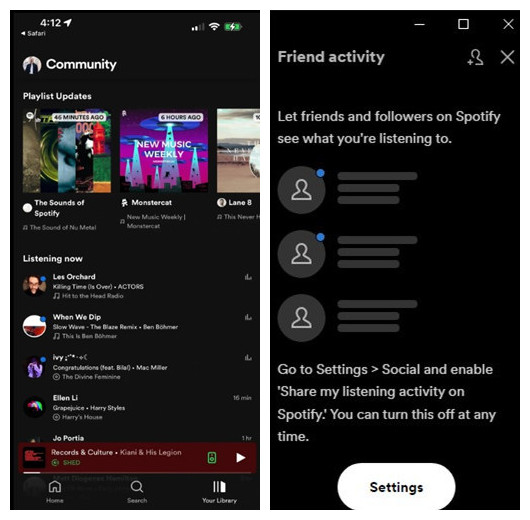 Friend Activity panel on desktop Spotify and as Community on mobile Spotipy