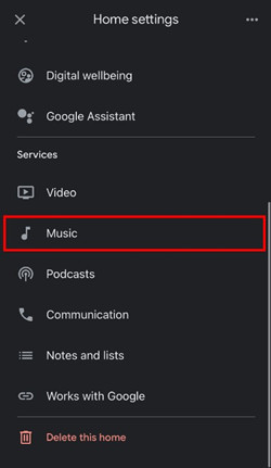 google home settings services music