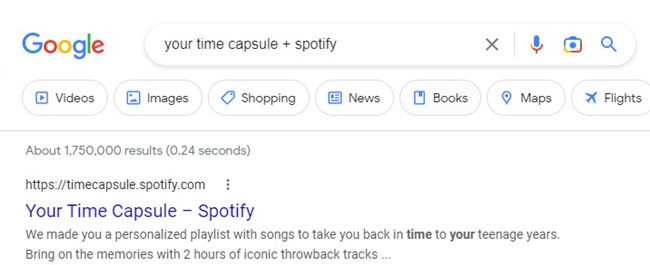Google search result of your time capsule on Spotify