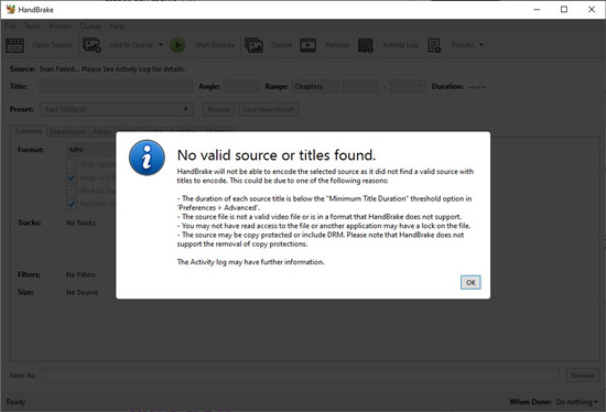 handbrake no valid source or titles found