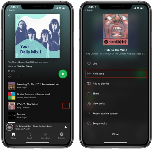 hide spotify songs on mobile