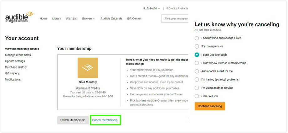 how to pause audible membership