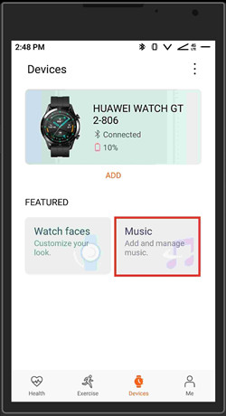 music section on Huawei Watch health app