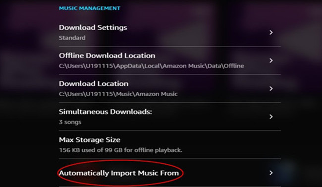 how to find settings to import music to Amazon Music