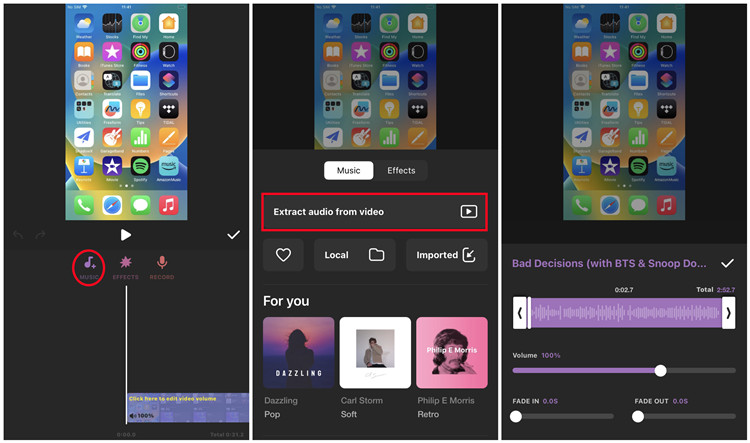 inshot add music extract aduio from video