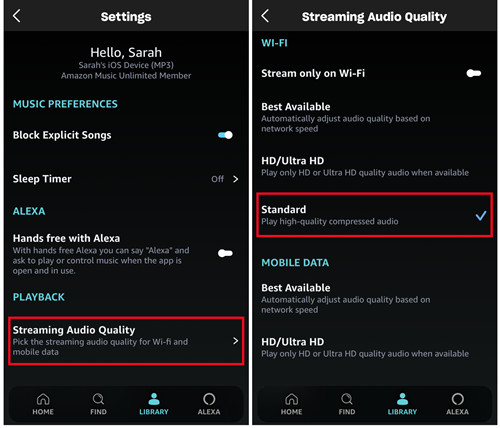 ios amazon music settings lower streaming audio quality