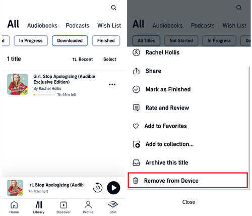 ios audible remove downloaded title from device