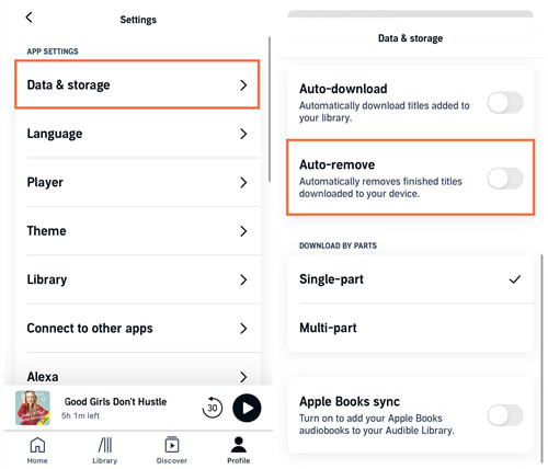 ios audible settings data and storage auto remove