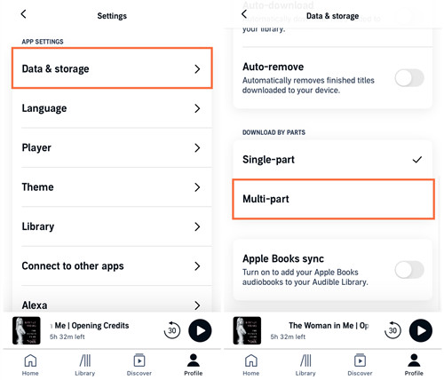 ios audible settings data storage download by parts