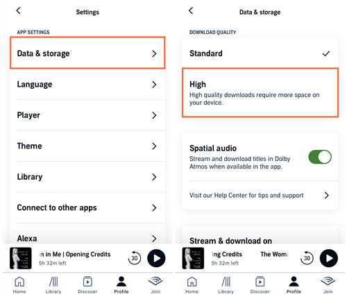 ios audible settings data storage download quality