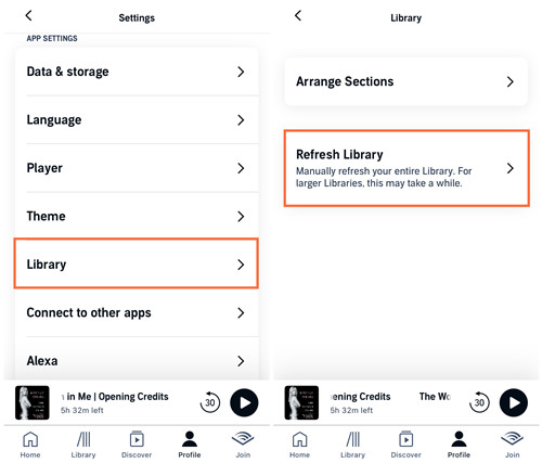 ios audible settings library refresh library