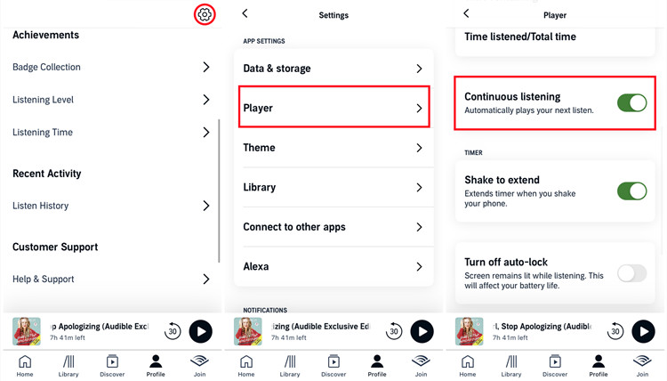 ios audible settings player continuous listening