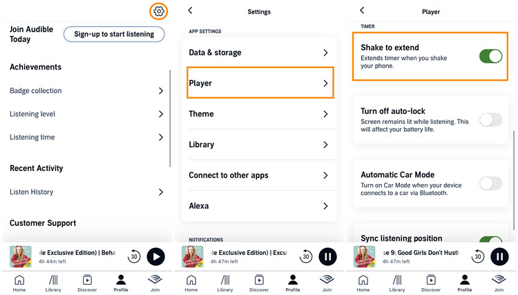 ios audible settings player shake to extend